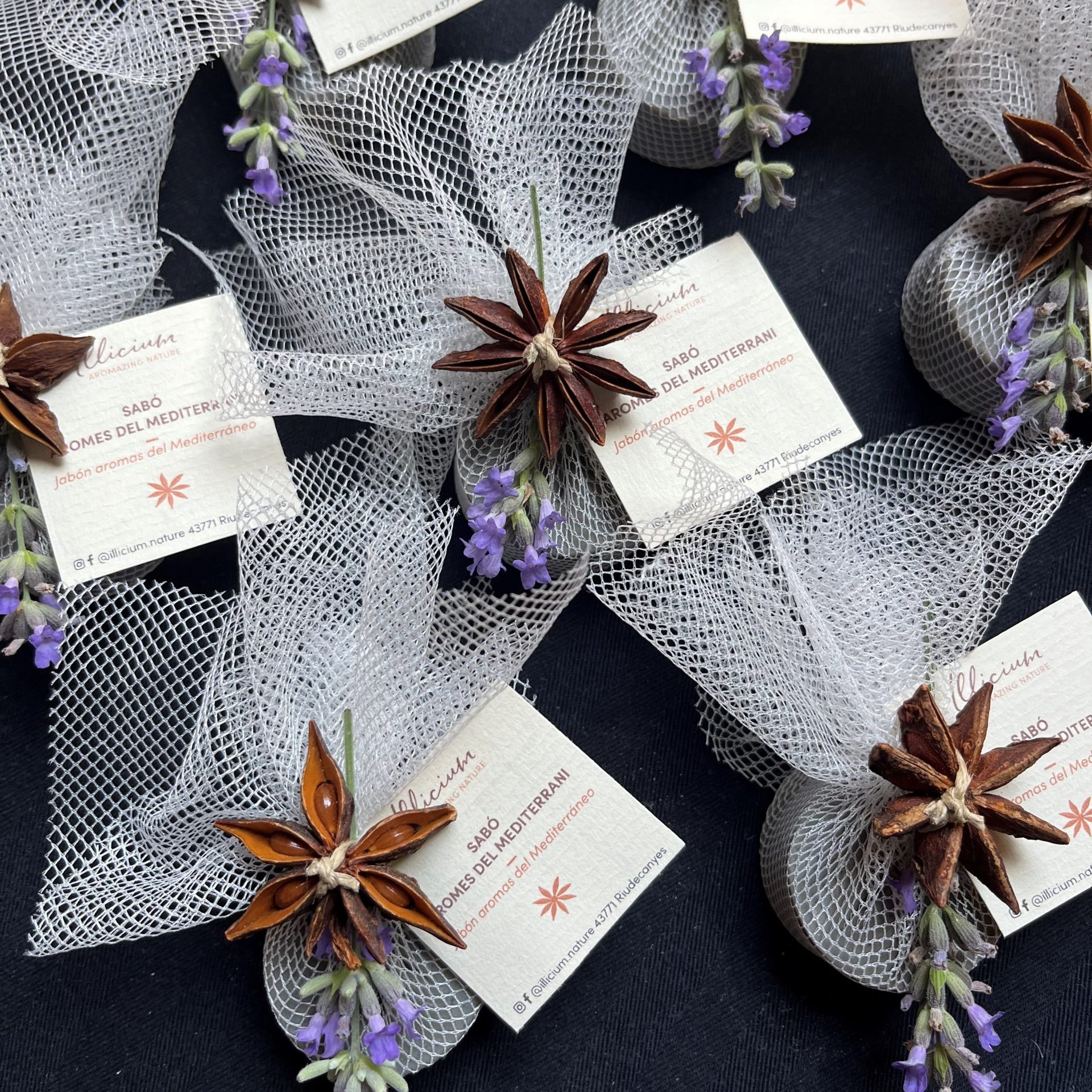 Wedding details wrapped in tull with lavendar